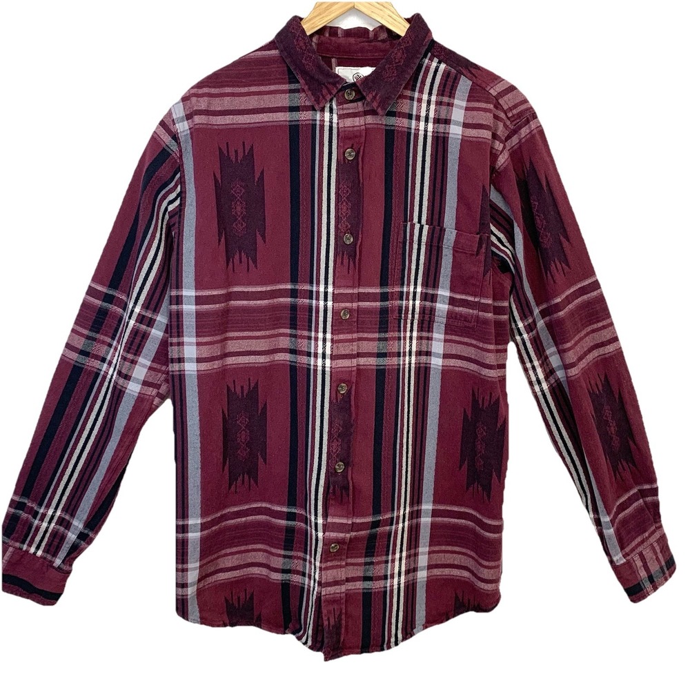 On the Byas Flannel Shirt Maroon Southwestern Print Men Large 100% Cotton Casual